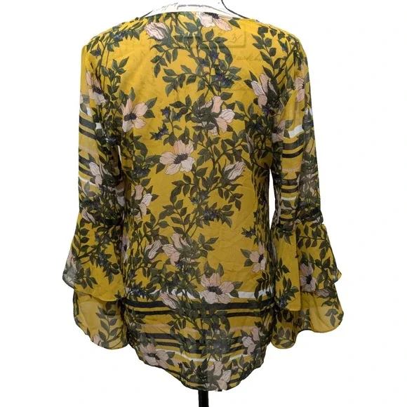 CABI Blouse Sm Yellow Green Floral Layered Flare Sleeves Boho - Picture 2 of 11